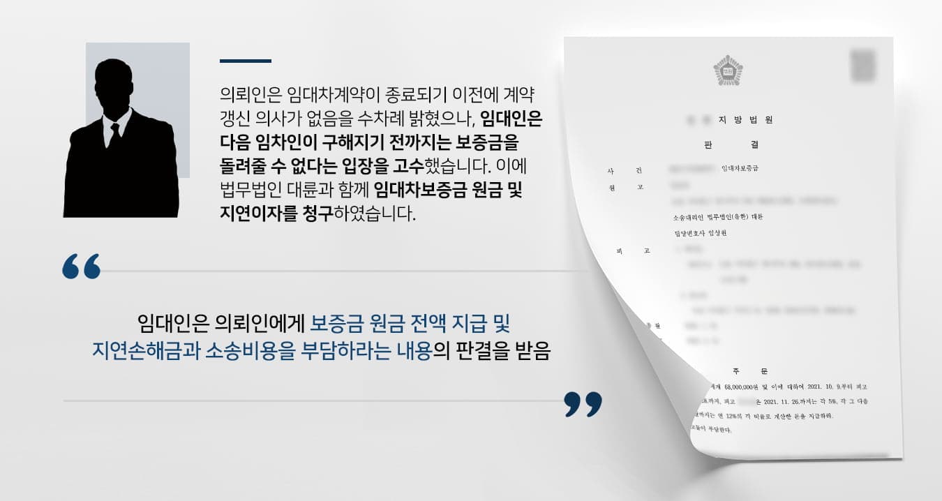 본 사건의 의뢰인은 피고(소송의 상대방)과 임대차계약을 맺으며 임대차보증금을 지급하였습니다.임대차계약이 종료된 후 의뢰인은 피고에게 보증금을 반환해 줄 것을 요구하였으나, 피고는 새로운 임차인이 들어오고 나면 돌려주겠다고 하며 연락을 회피하였습니다.의뢰인은 계약이 종료되기 전부터 갱신 의사가 없음을 밝혀왔으며, 계약 종료 이후에도 보증금을 돌려받지 못하고 있어서 이주를 위한 잔금 마련에 상당한 어려움을 겪었습니다.하루라도 빨리 보증금 문제를 해결하기 위해서 민사전문변호사·부동산전문변호사가 있는 법무법인 대륜을 찾아주셨습니다.