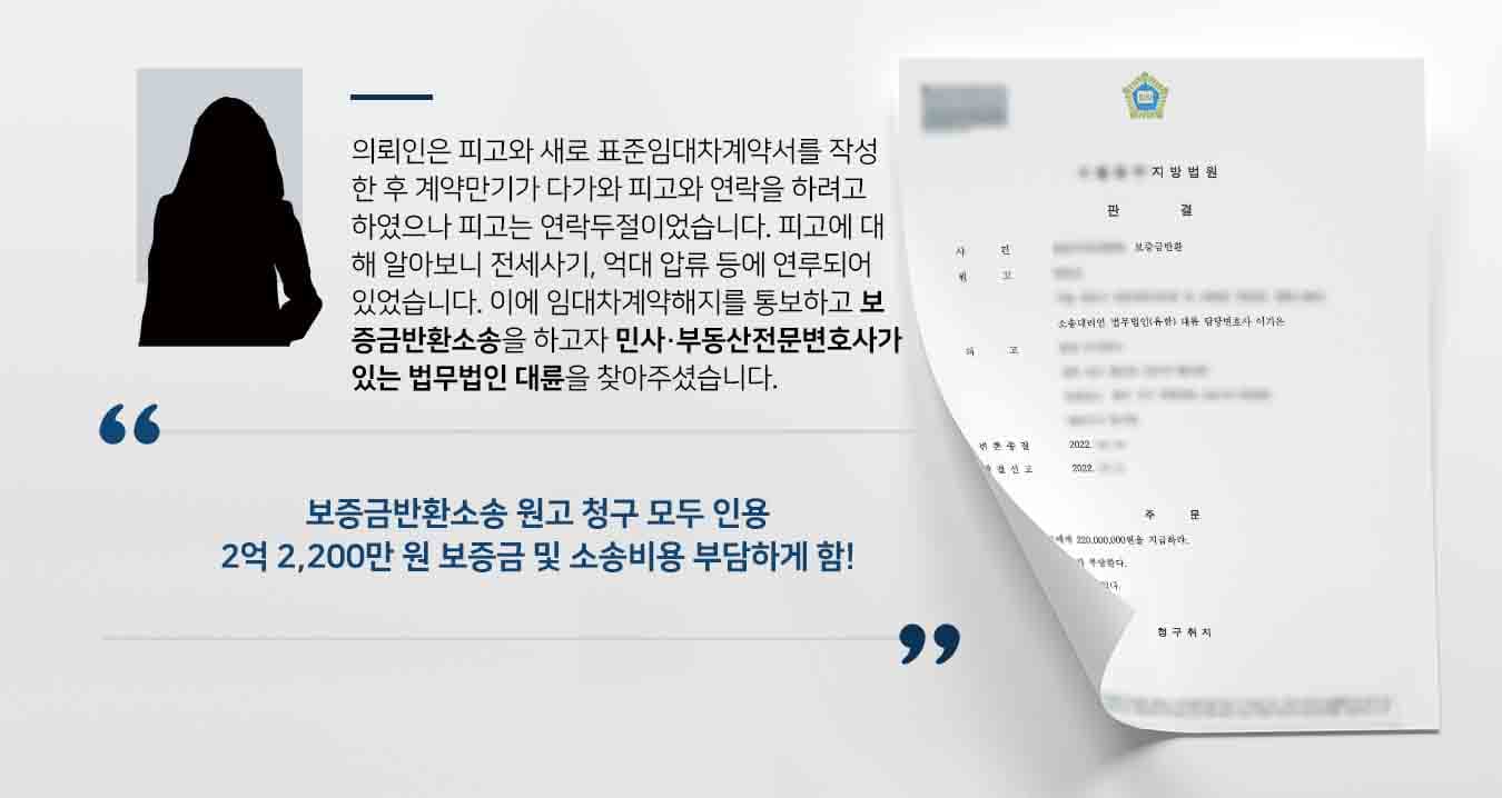 의뢰인은 피고와 새로 표준임대차계약서를 작성한 후 계약만기가 다가와 피고와 연락을 하려고 하였으나 피고는 연락두절이었습니다. 피고에 대해 알아보니 전세사기, 억대 압류 등에 연루되어 있었습니다. 이에 임대차계약해지를 통보하고 보증금반환소송을 하고자 민사·부동산전문변호사가 있는 법무법인 대륜을 찾아주셨습니다.
