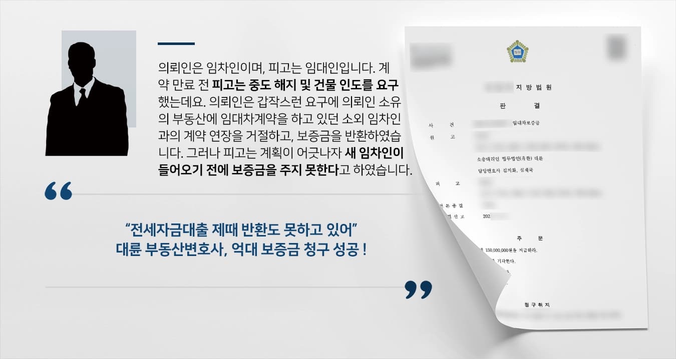 의뢰인은 임차인이며, 피고는 임대인입니다. 계약 만료 전 피고는 부동산을 매매할 것이라며 중도 해지 및 건물 인도를 요구했는데요. 의뢰인은 갑작스런 요구에 의뢰인 소유의 부동산에 임대차계약을 하고 있던 소외 임차인과의 계약 연장을 거절하고, 보증금을 반환하였습니다. 그러나 피고는 계획이 어긋나자 새 임차인이 들어오기 전에 보증금을 주지 못한다고 하였습니다.   “전세자금대출 제때 반환도 못하고 있어” 대륜 부동산변호사, 억대 보증금 청구 성공 !