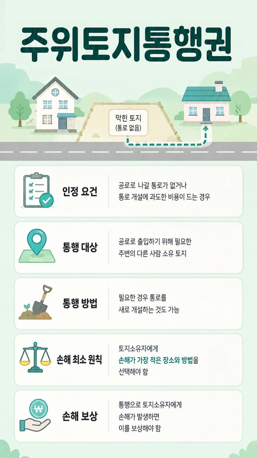 주위토지통행권을 행사할 때 주변 토지의 손해를 줄이는 통행 방법을 검토하는 모습